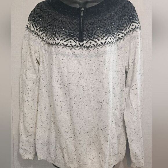 Talbots Shirt XL Elegant Black and White Women's Sweater Beaded Partial Zip-up - Picture 1 of 12